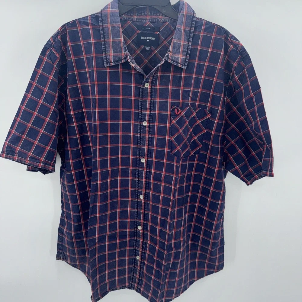 True Religion Men Button Up Shirt 3XL Blue Check Slim Fit Pocket Short Sleeve‎
